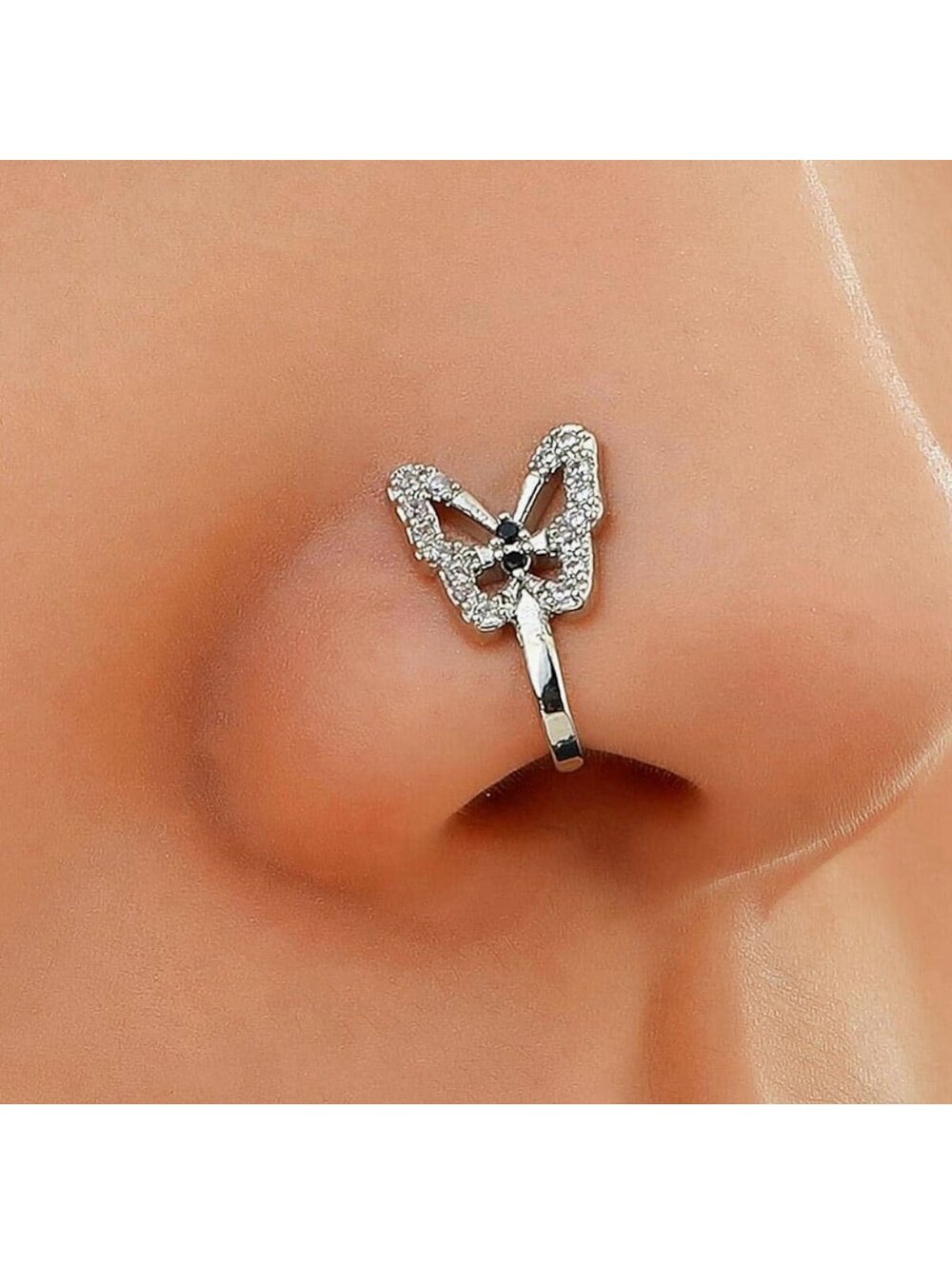 New - Silver with Zircon - Butterfly U Shaped Nose Ring - Gorgeous